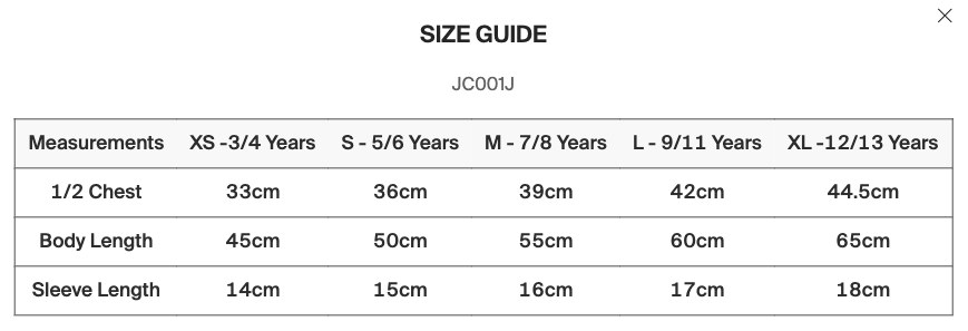 Junior T-Shirt Sizes